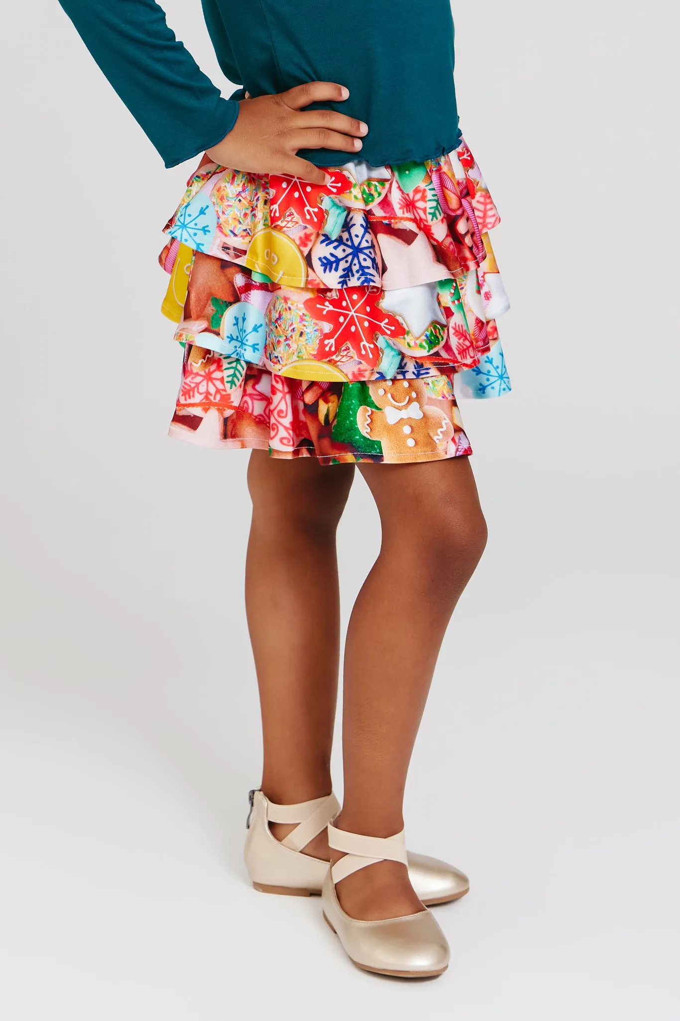 Girls Hi-Shine Tiered Skirt in Cookie Collage