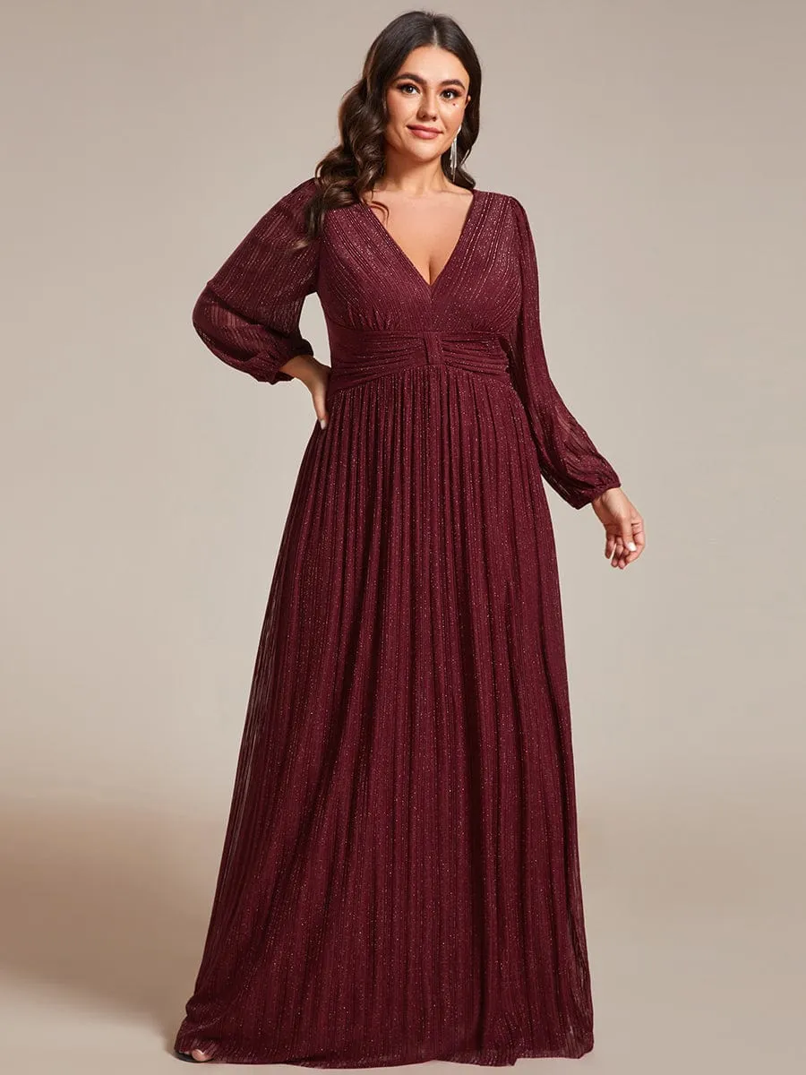 Glittery Empire Waist Long Lantern Sleeves A-Line Evening Dress