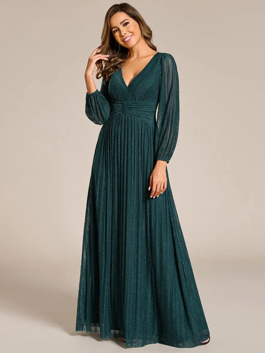 Glittery Empire Waist Long Lantern Sleeves A-Line Evening Dress