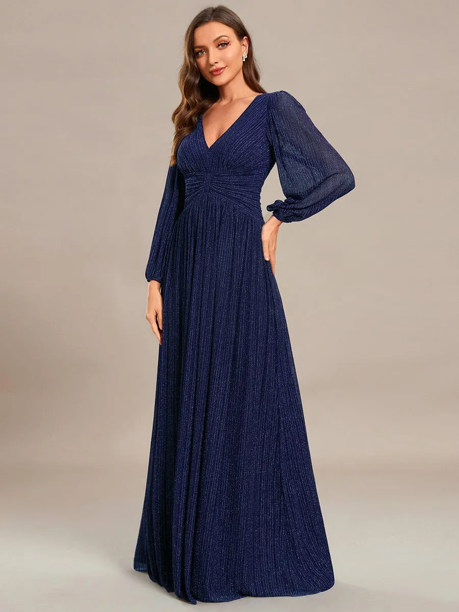 Glittery Empire Waist Long Lantern Sleeves A-Line Evening Dress