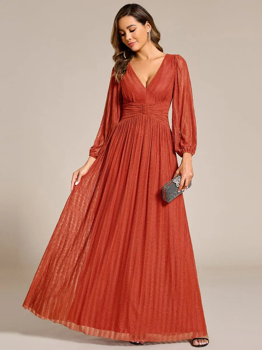 Glittery Empire Waist Long Lantern Sleeves A-Line Evening Dress