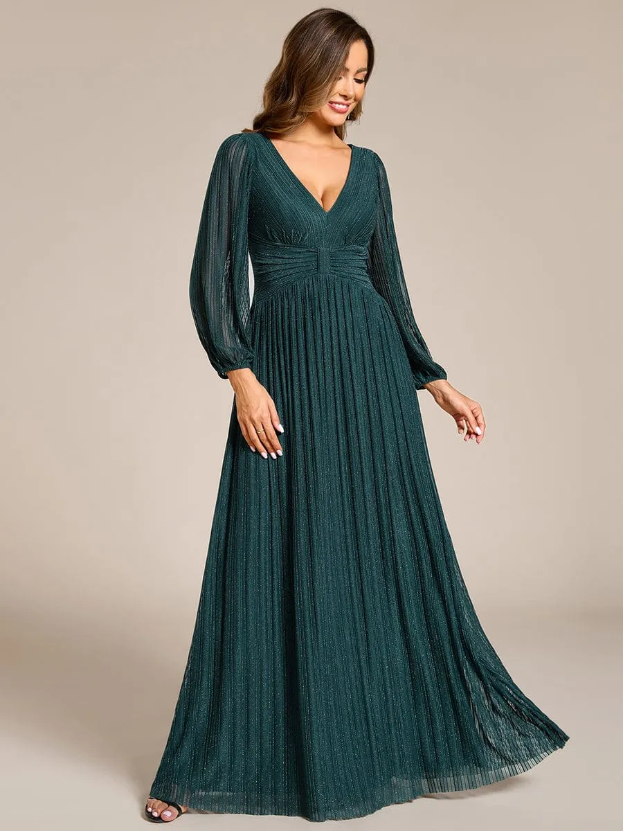 Glittery Empire Waist Long Lantern Sleeves A-Line Evening Dress