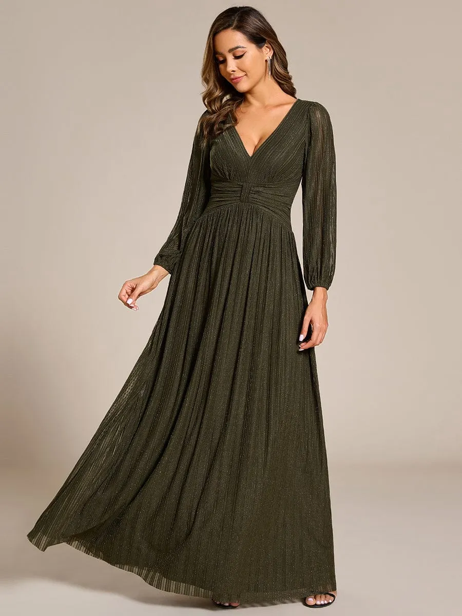 Glittery Empire Waist Long Lantern Sleeves A-Line Evening Dress