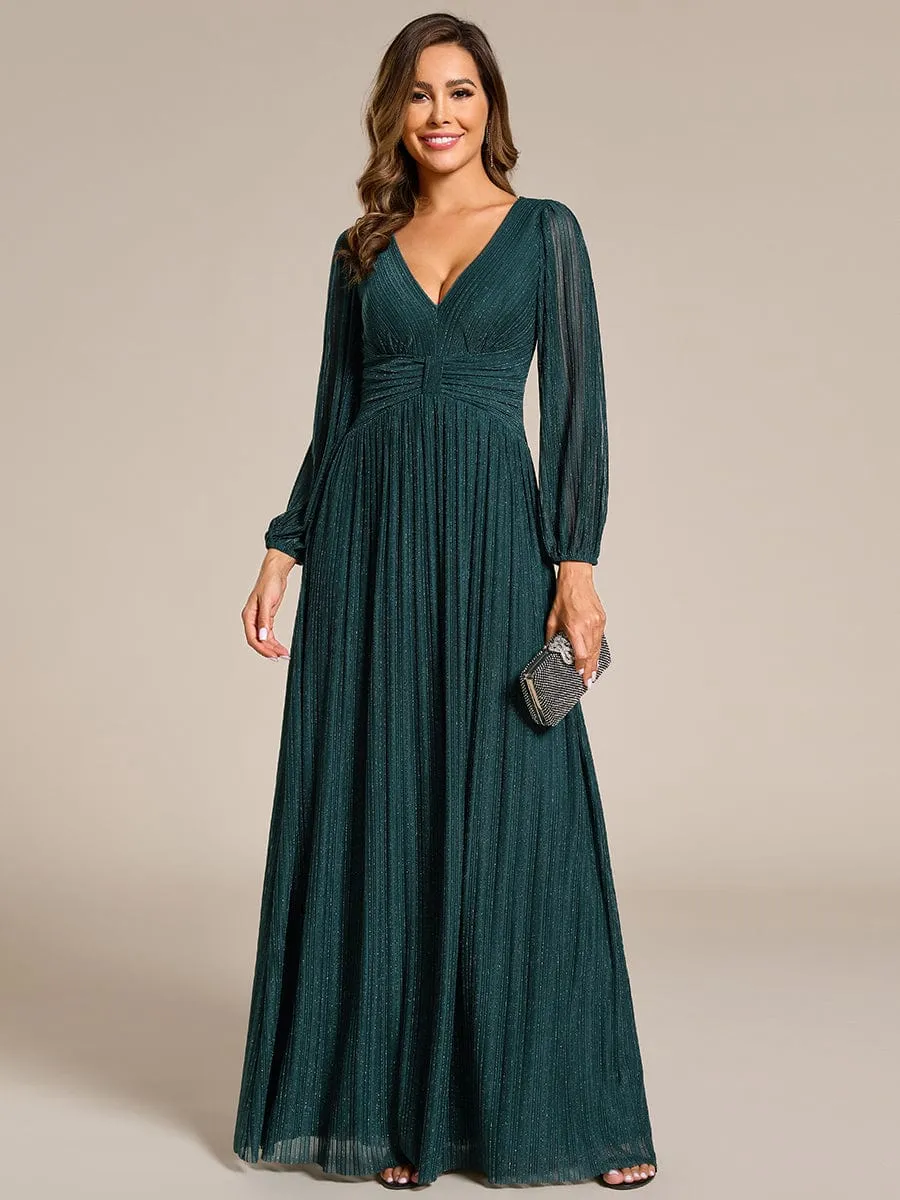 Glittery Empire Waist Long Lantern Sleeves A-Line Evening Dress