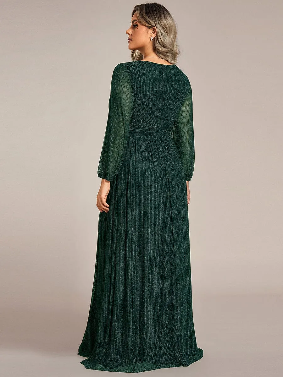 Glittery Empire Waist Long Lantern Sleeves A-Line Evening Dress