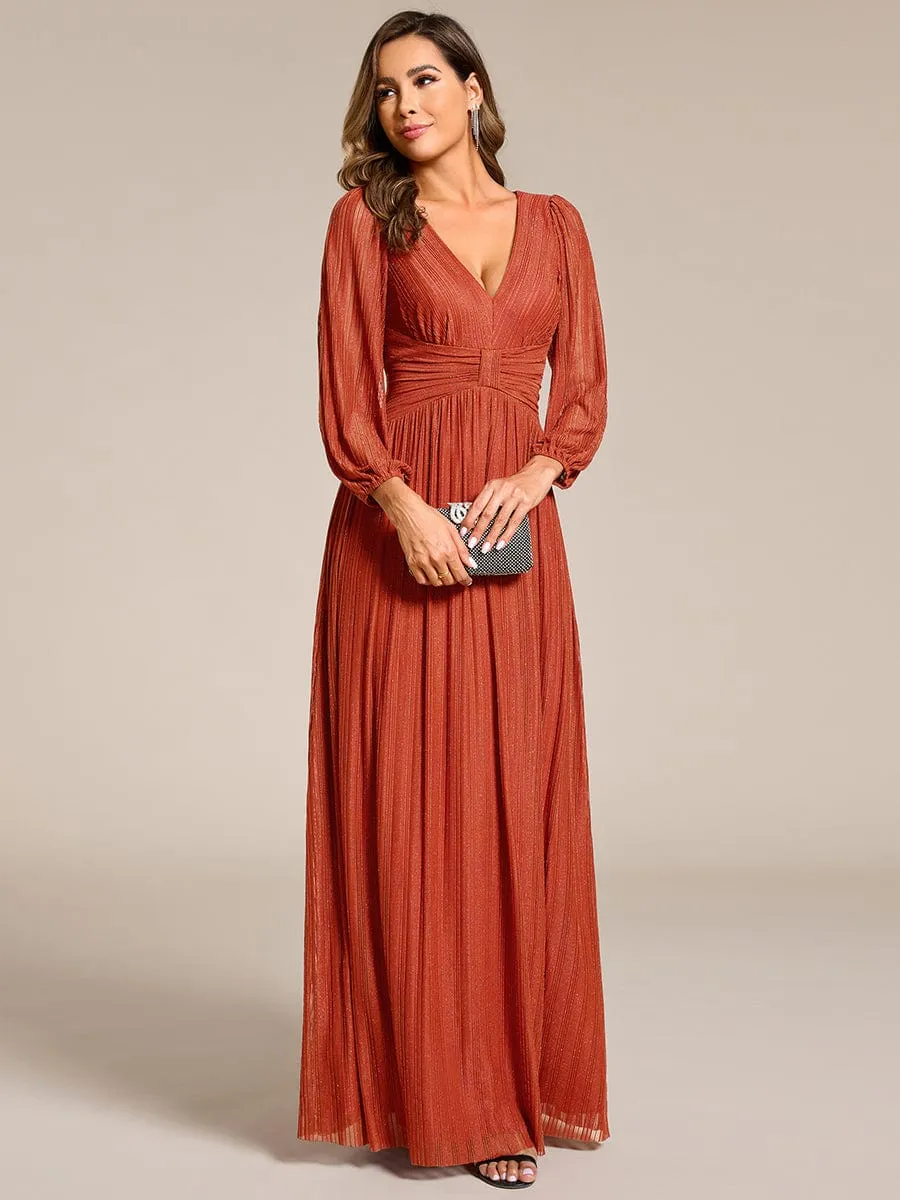 Glittery Empire Waist Long Lantern Sleeves A-Line Evening Dress