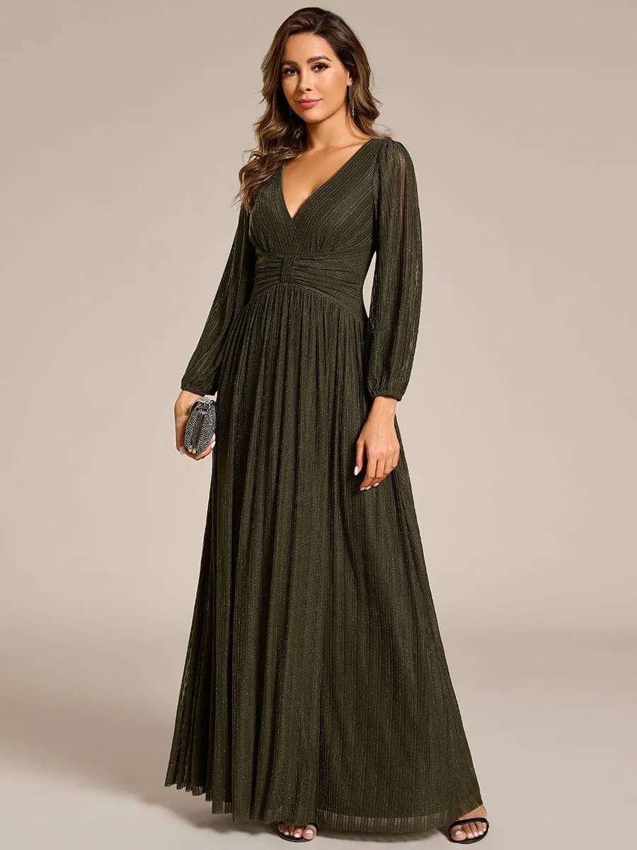 Glittery Empire Waist Long Lantern Sleeves A-Line Evening Dress