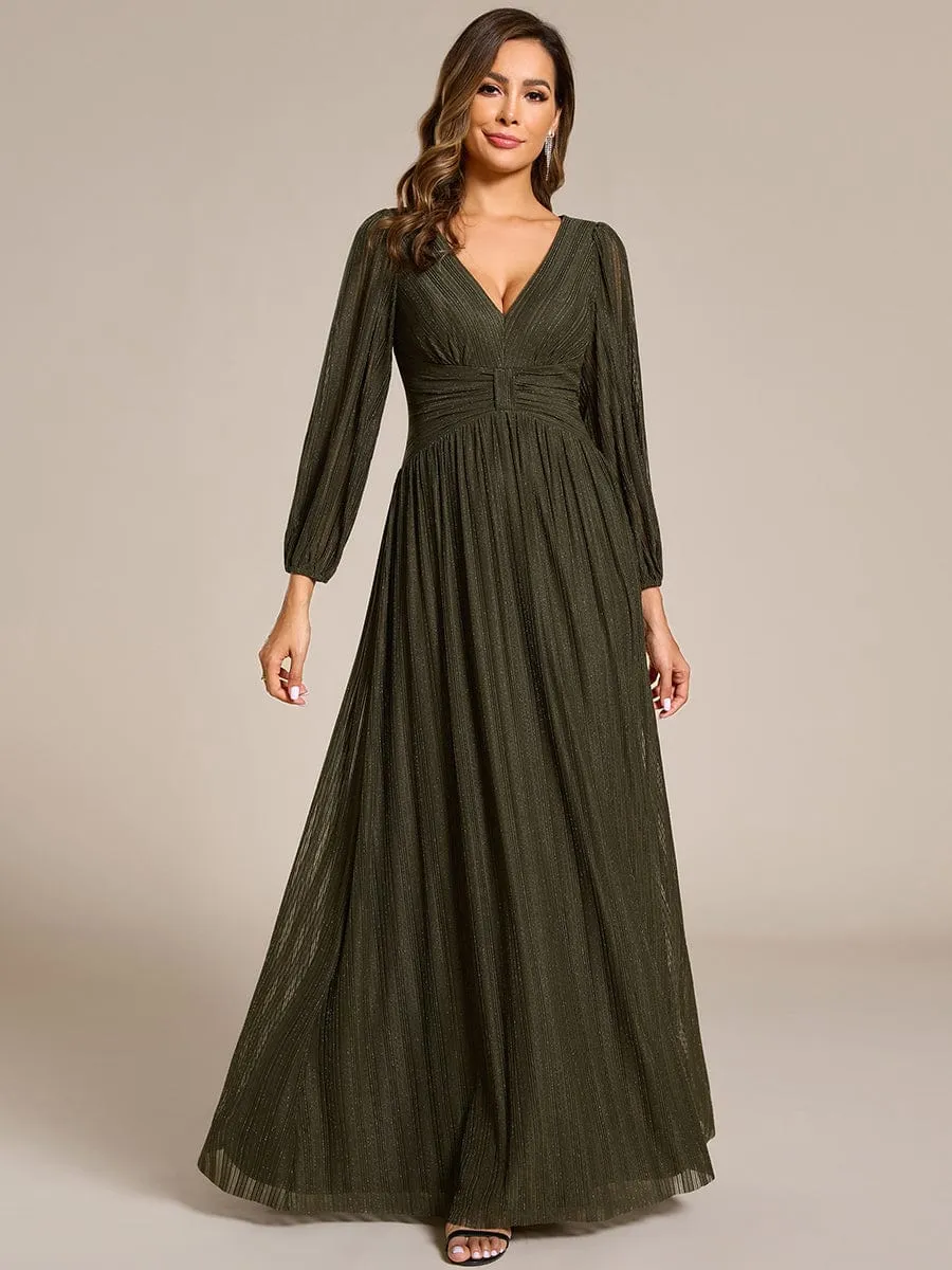 Glittery Empire Waist Long Lantern Sleeves A-Line Evening Dress