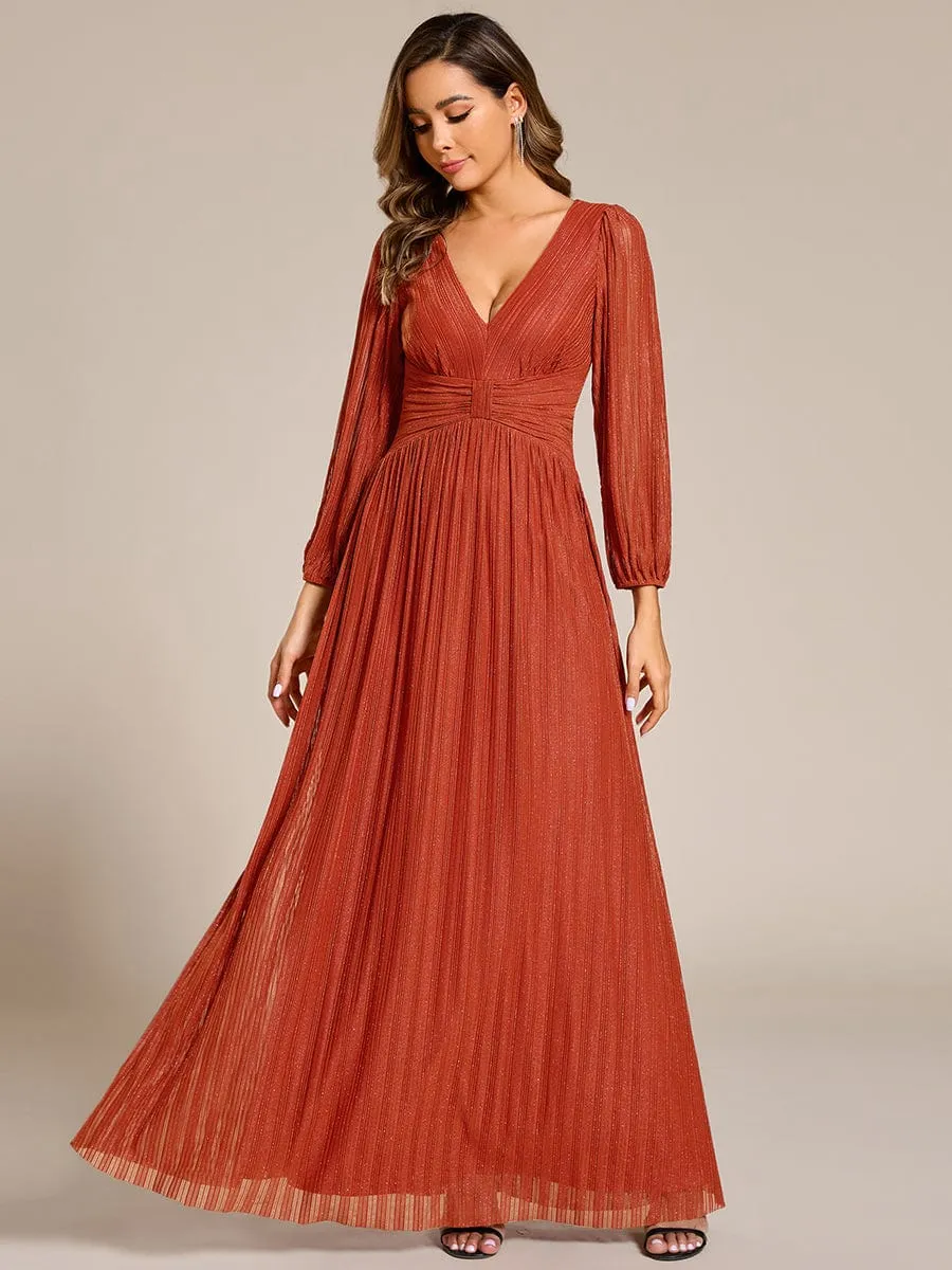 Glittery Empire Waist Long Lantern Sleeves A-Line Evening Dress