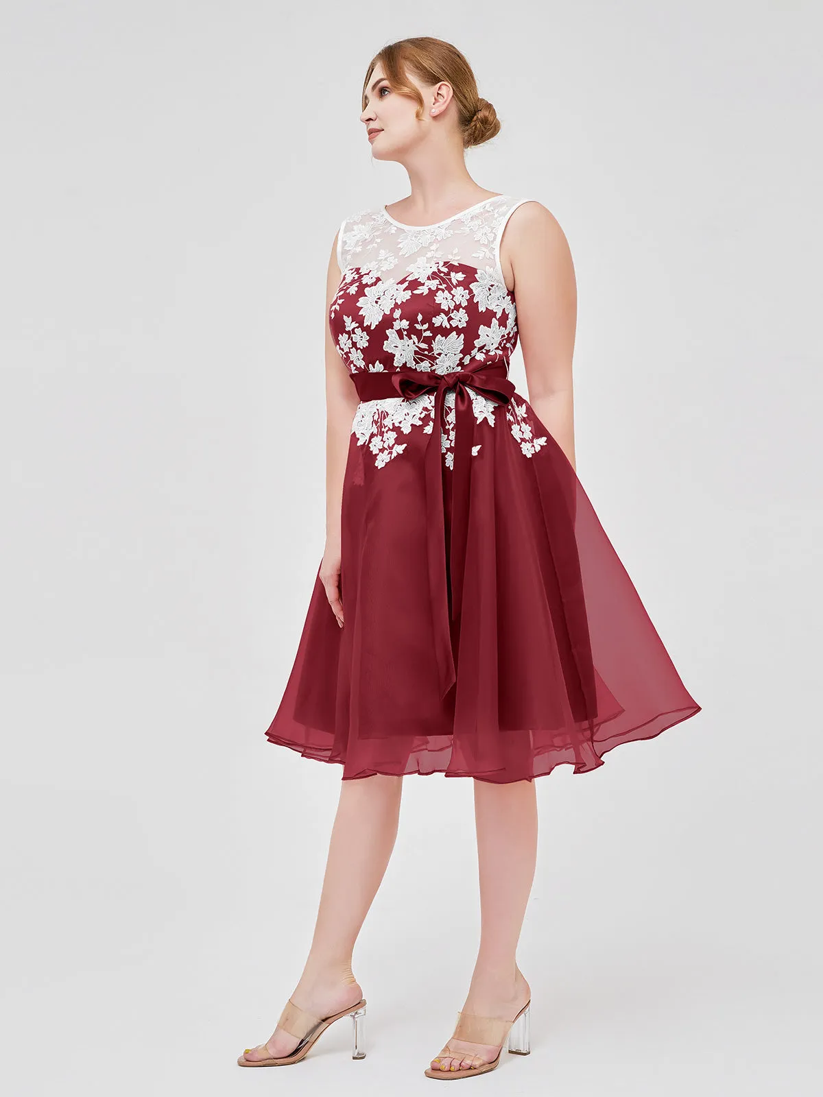 Illusion Neck Organza with Ivory Lace Appliqued Burgundy