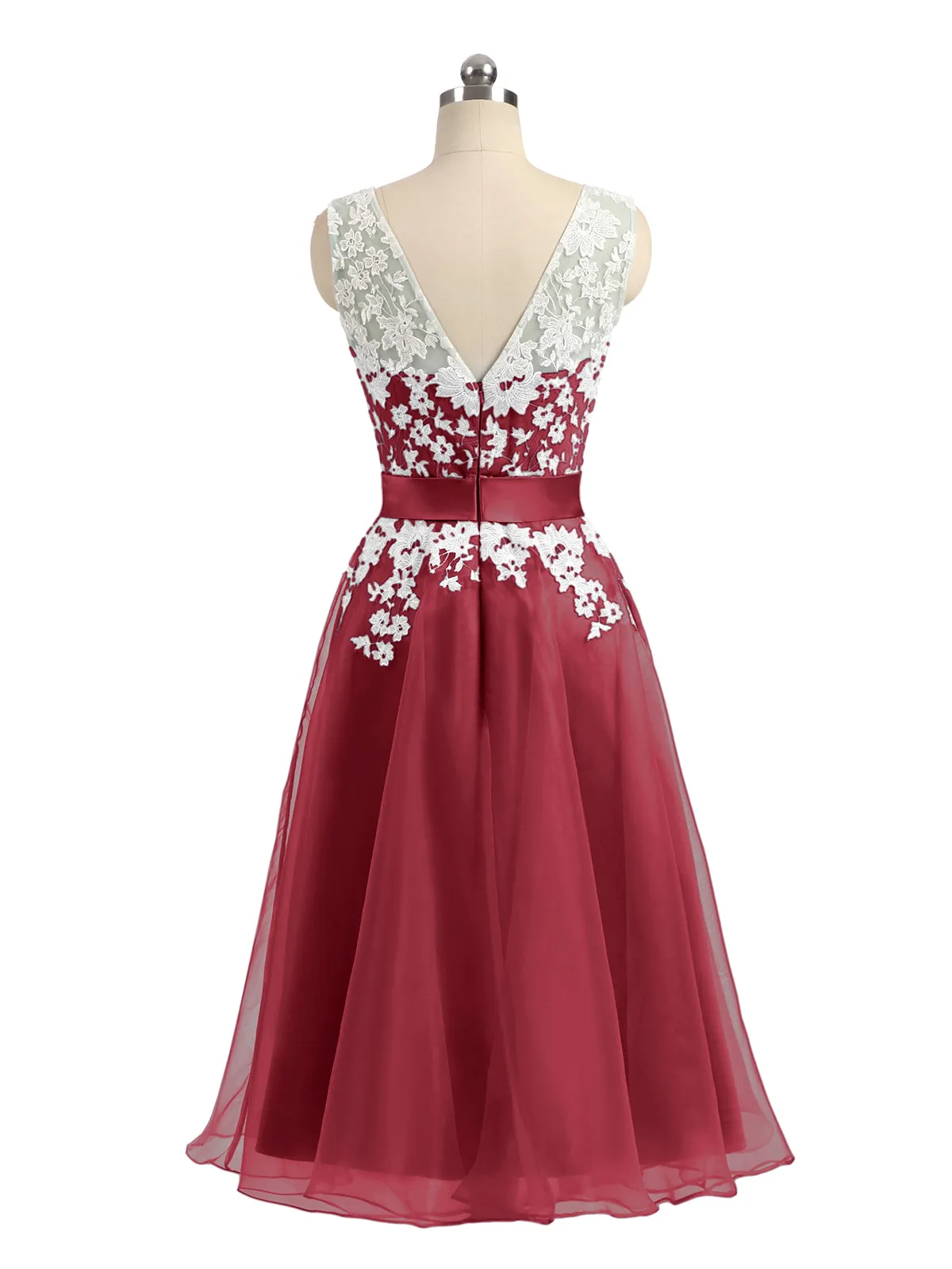 Illusion Neck Organza with Ivory Lace Appliqued Burgundy