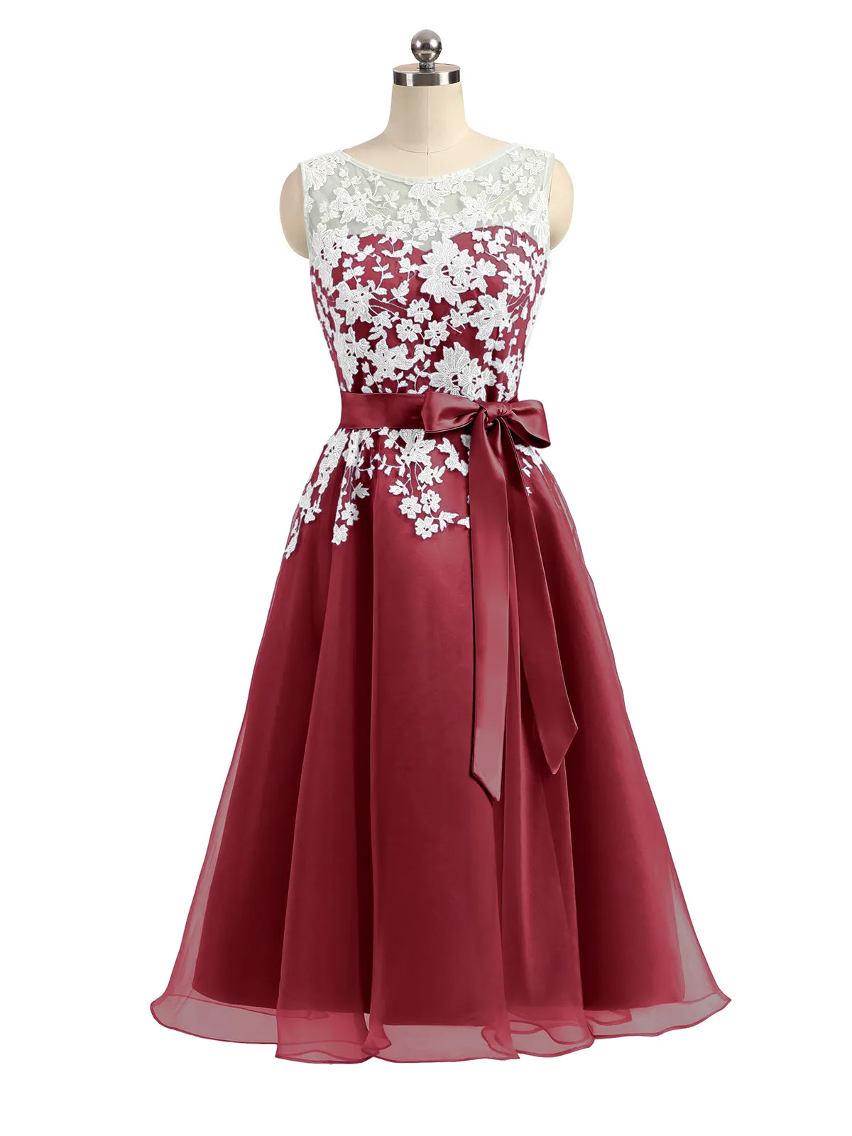 Illusion Neck Organza with Ivory Lace Appliqued Burgundy