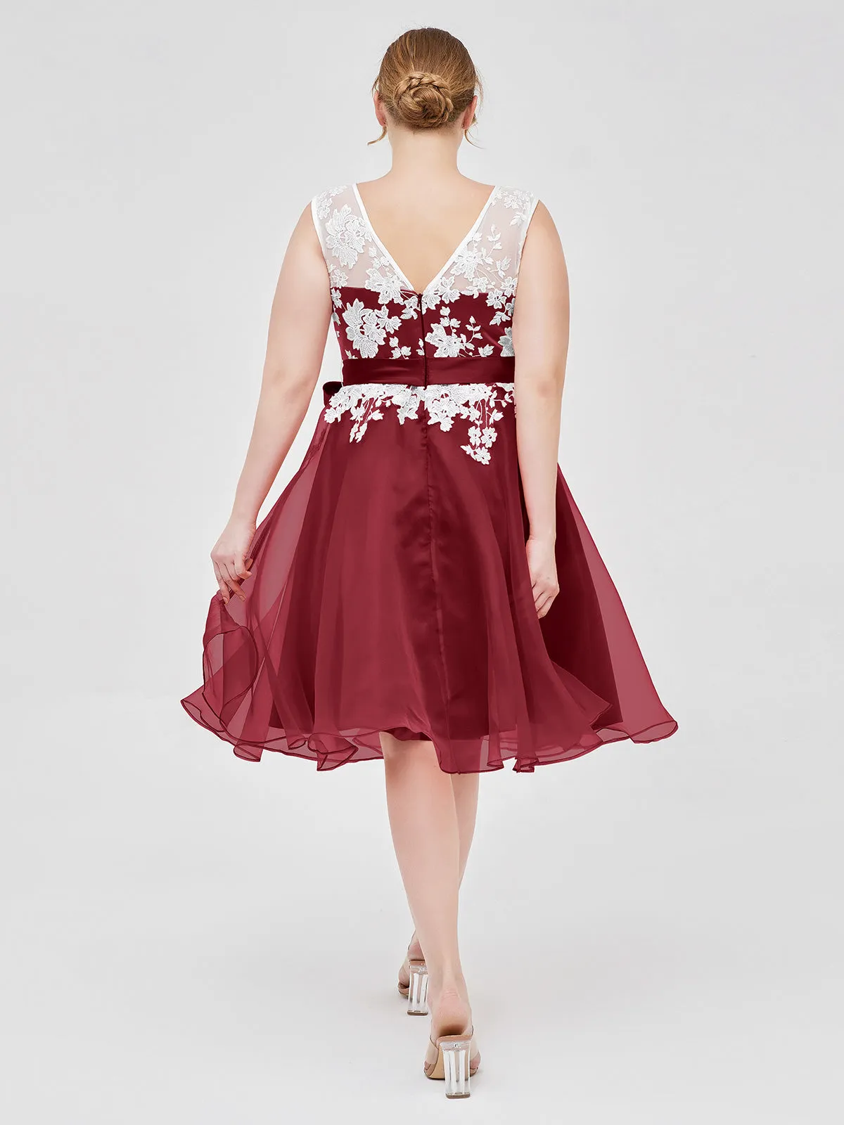 Illusion Neck Organza with Ivory Lace Appliqued Burgundy