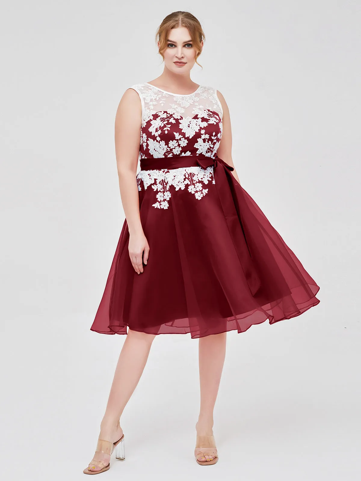 Illusion Neck Organza with Ivory Lace Appliqued Burgundy