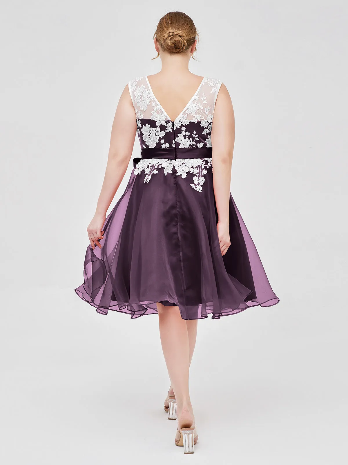 Illusion Neck Organza with Ivory Lace Appliqued Plum Plus Size