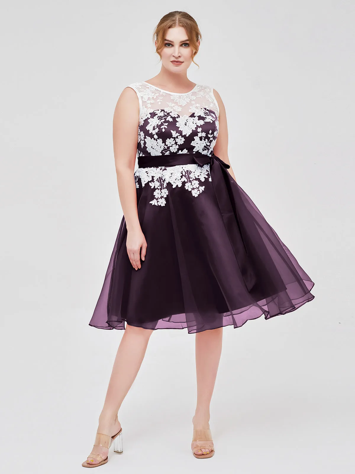 Illusion Neck Organza with Ivory Lace Appliqued Plum Plus Size