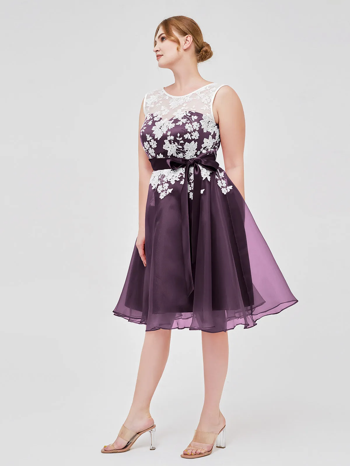 Illusion Neck Organza with Ivory Lace Appliqued Plum Plus Size