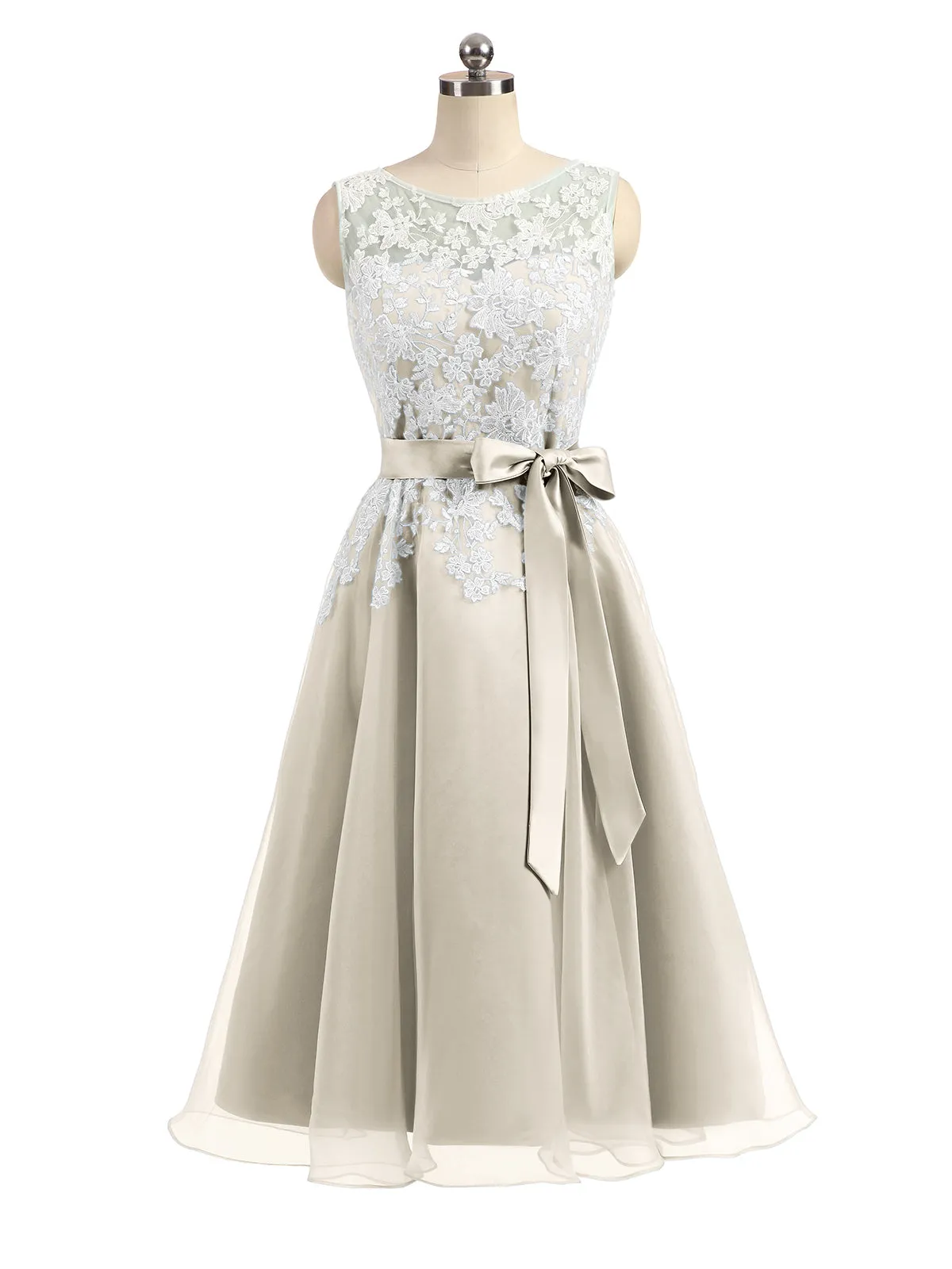 Illusion Neck Organza with Ivory Lace Appliqued Taupe