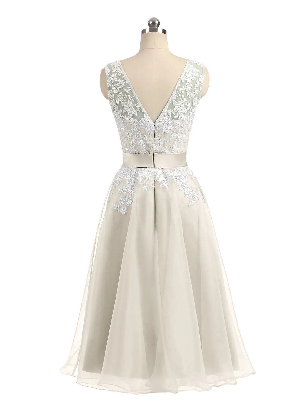 Illusion Neck Organza with Ivory Lace Appliqued Taupe