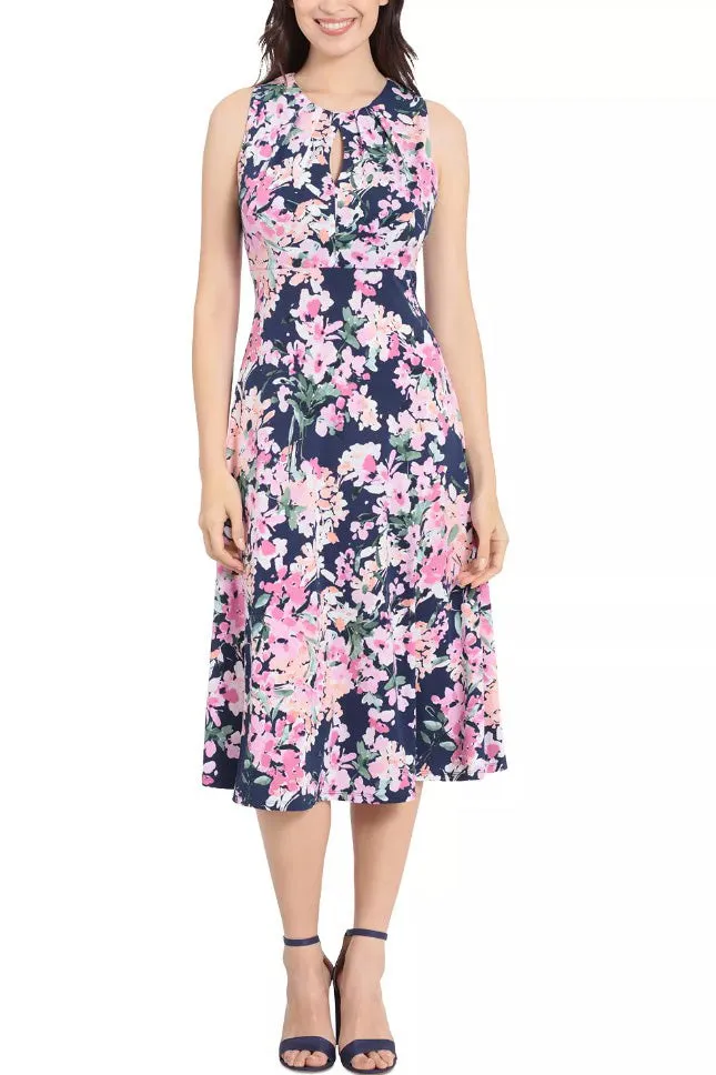 London Times Printed Sleeveless Versatile Empire A-line Keyhole Neckline Midi Dress