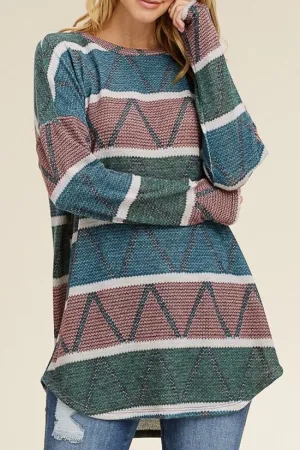 Loose Fit Aztec Long Sleeve Top - Olive/Teal