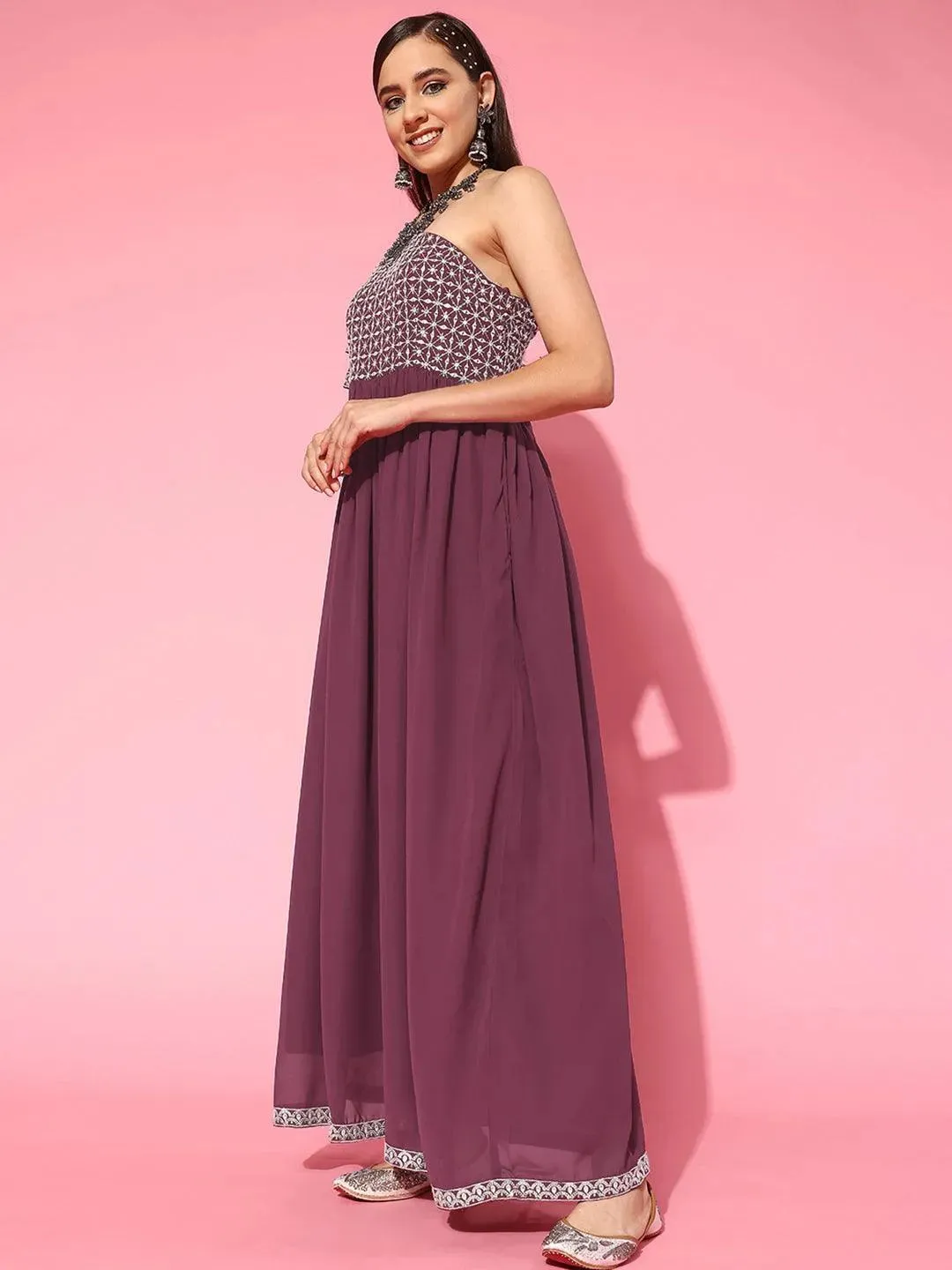 Mauve Embroidered Georgette Gown