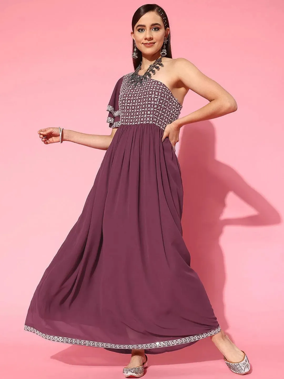 Mauve Embroidered Georgette Gown