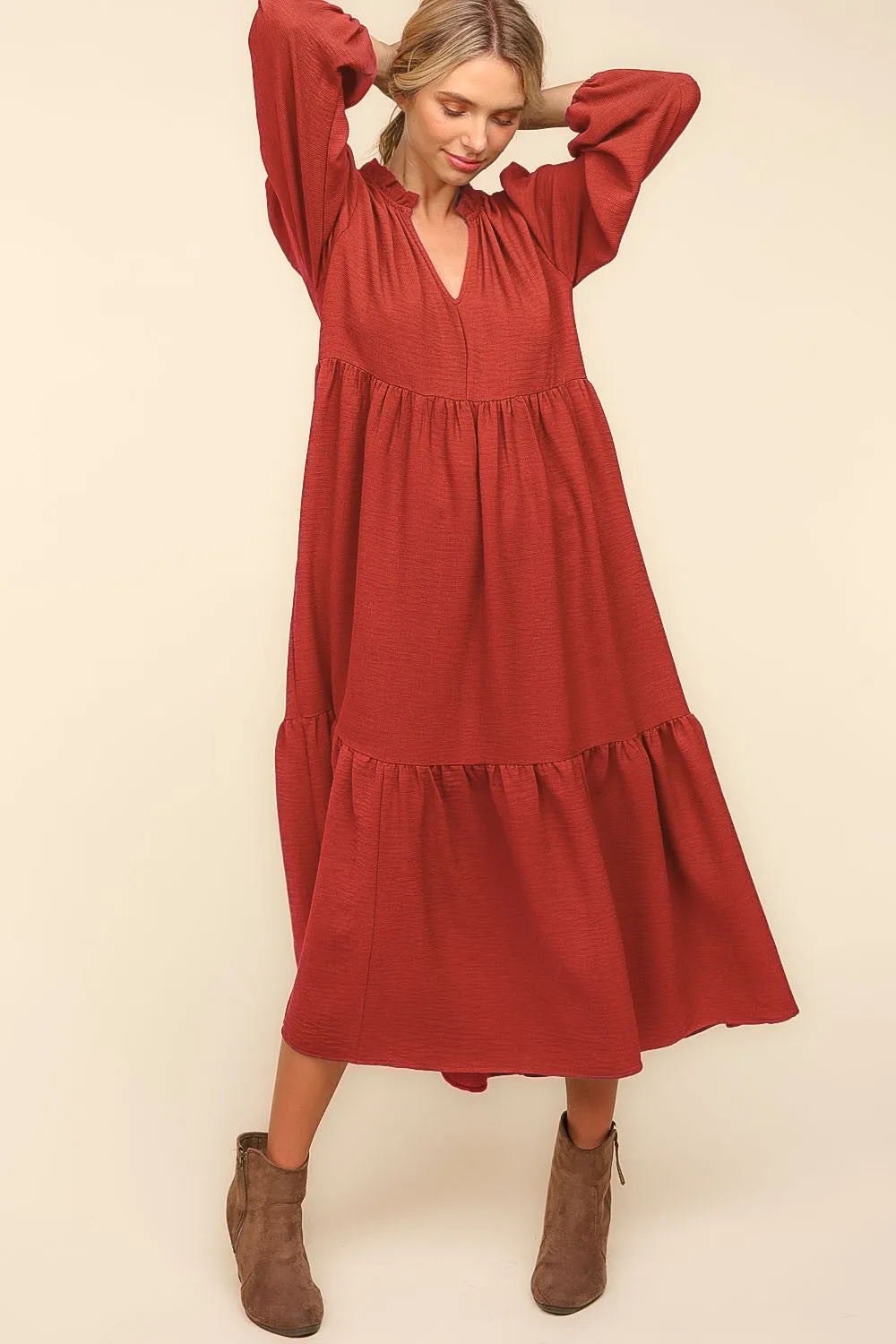 Notch Neck Babydoll Long Sleeve Maxi Dress - Spice