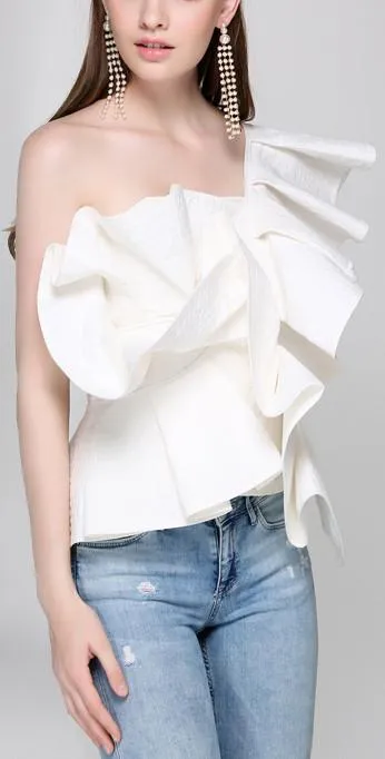 One-Shoulder Ruffled Top, White