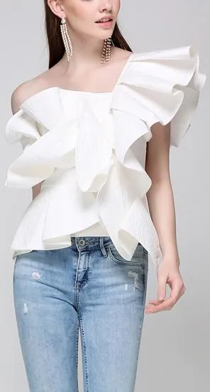 One-Shoulder Ruffled Top, White