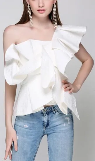 One-Shoulder Ruffled Top, White