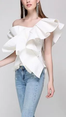 One-Shoulder Ruffled Top, White