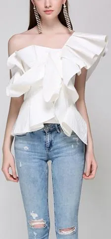 One-Shoulder Ruffled Top, White