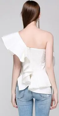 One-Shoulder Ruffled Top, White