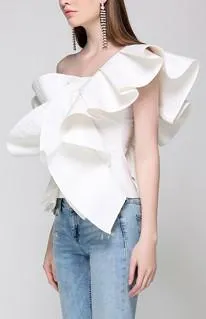 One-Shoulder Ruffled Top, White