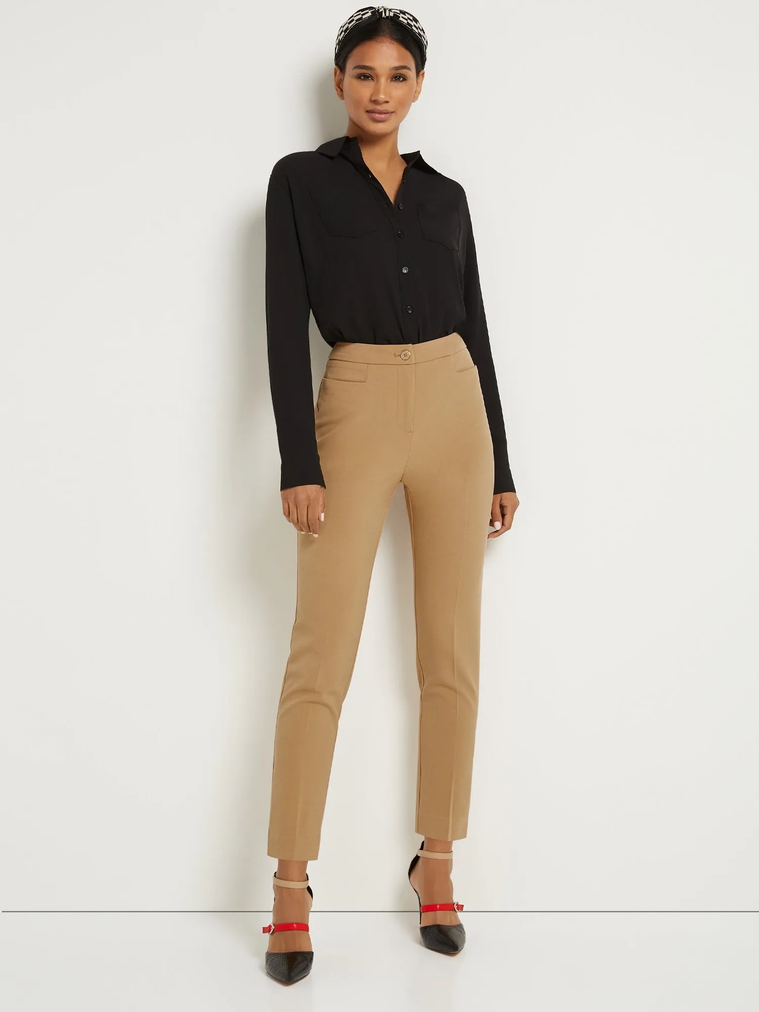 Petite Button-Waist Straight-Leg Ankle Pant - Essential Stretch