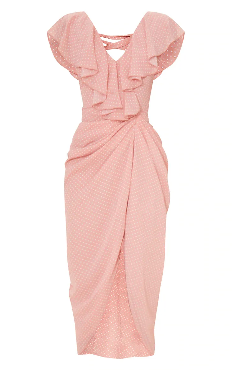 Pink Polka dot draped lace up back midi dress