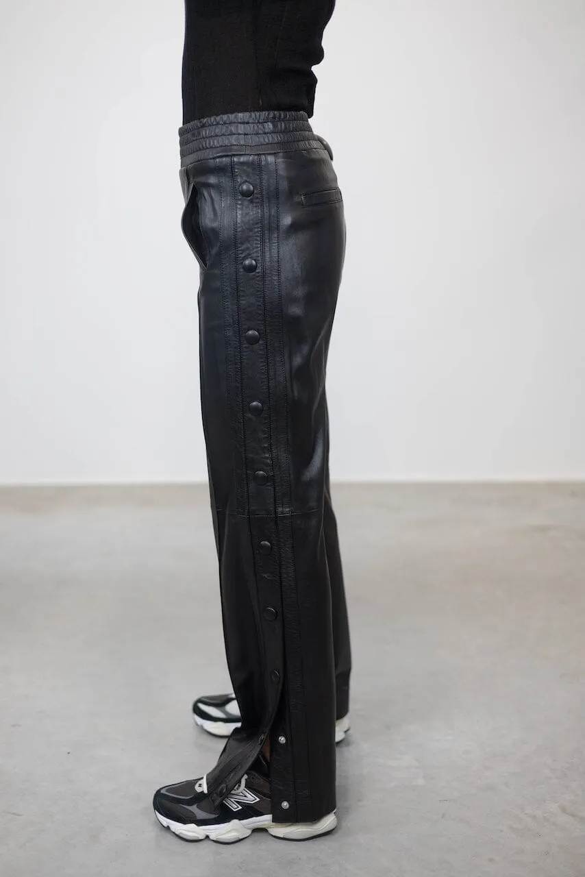 POPPER RELAXED FIT LEATHER PANTS WITH SIDE BUTTONS