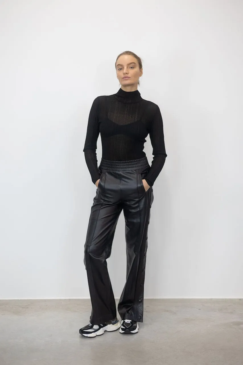 POPPER RELAXED FIT LEATHER PANTS WITH SIDE BUTTONS