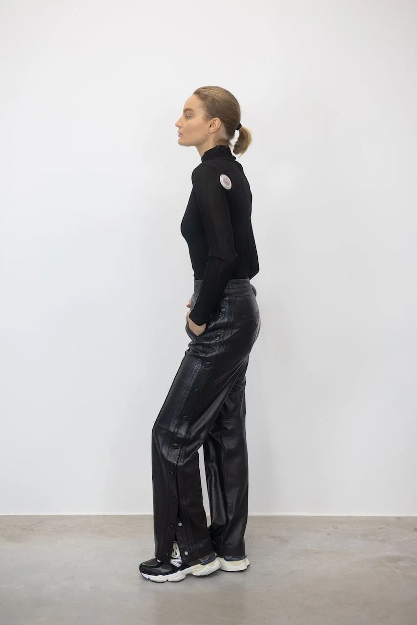 POPPER RELAXED FIT LEATHER PANTS WITH SIDE BUTTONS