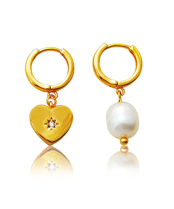 Retro Gold Copper Overgild Asymmetricar Zircon Glass Pearl Heart Hoop Earrings