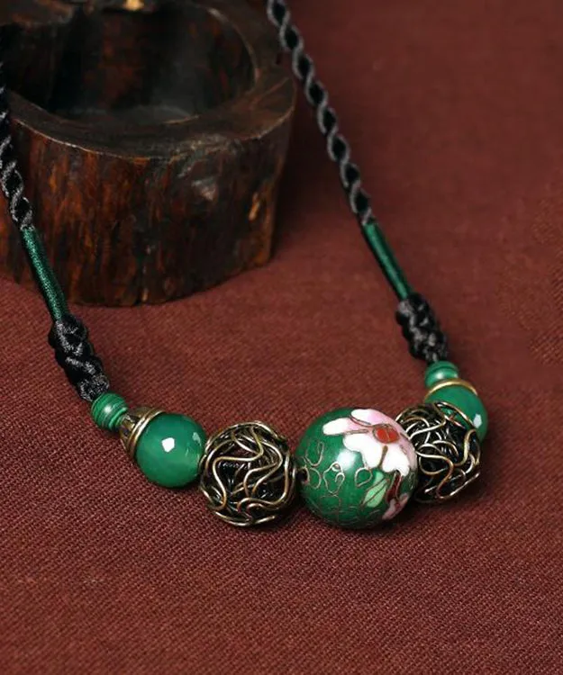 Retro Green Copper Coloured Glaze Gem Stone Necklace