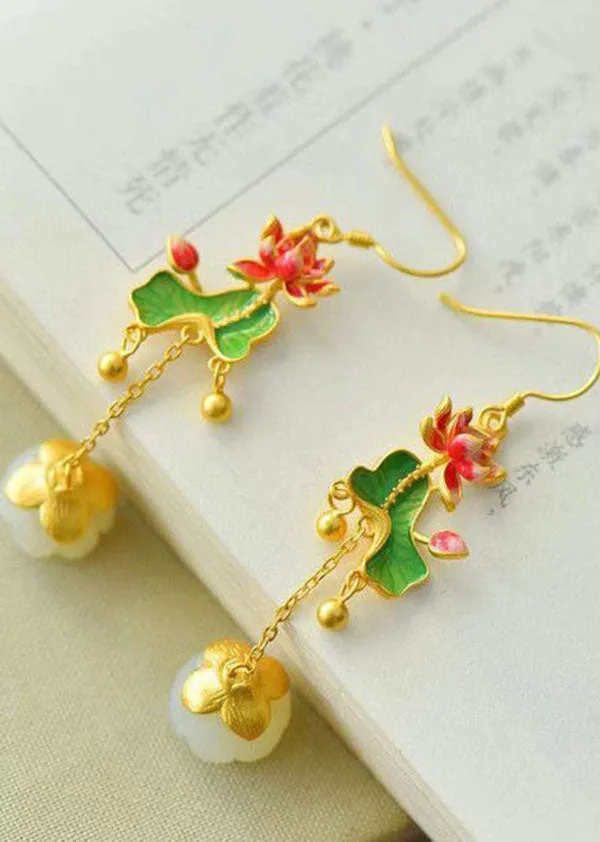 Retro Jade Tassel Lotus Metal Drop Earrings