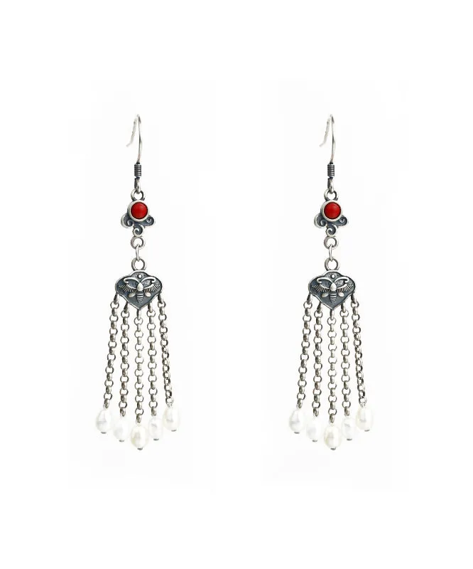 Retro Silk Sterling Silver Agate Pearl Tassel Drop Earrings