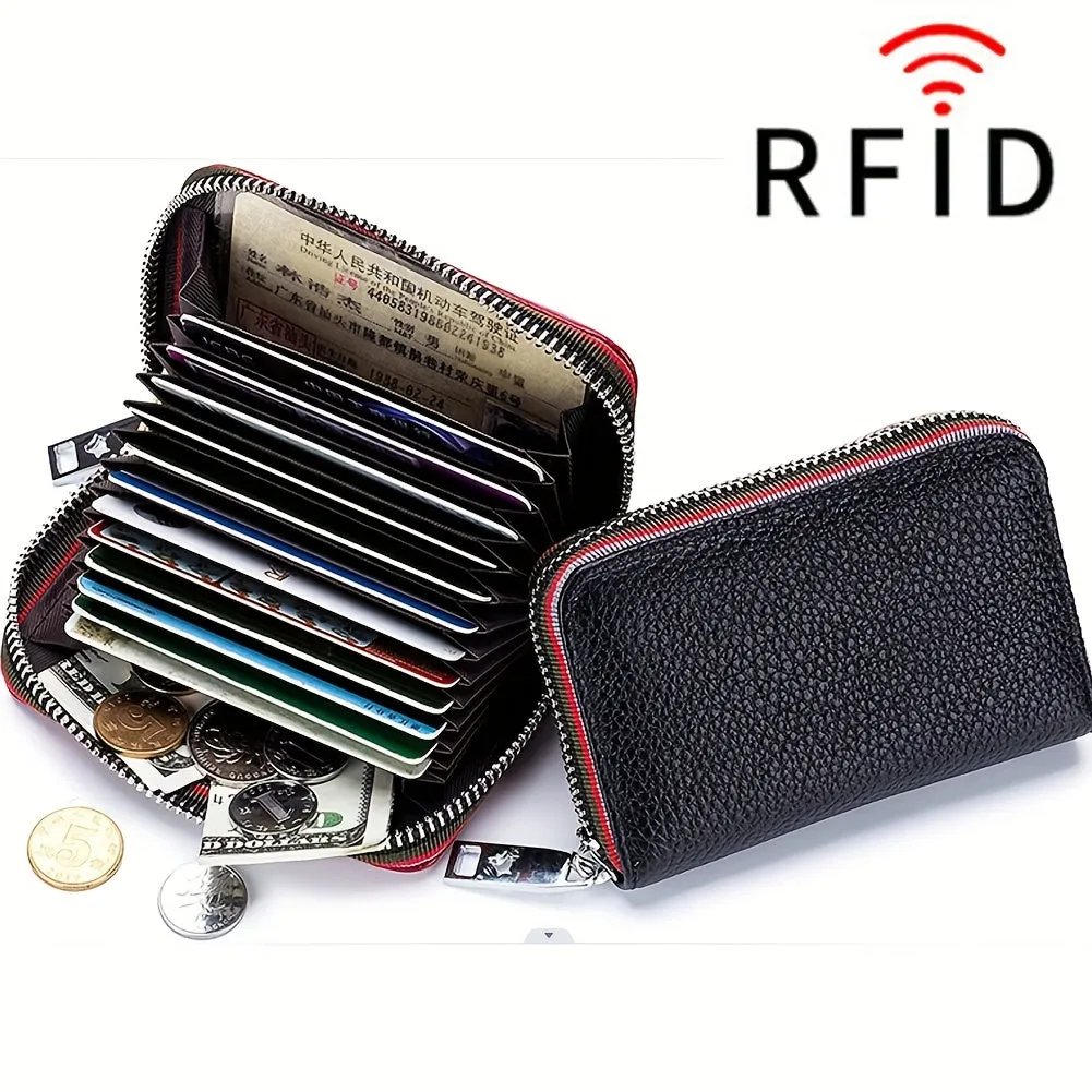 RFID-Blocking Leather Wallet - Compact & Secure Zippered Card Holder for Men & Women, Ideal for Travel