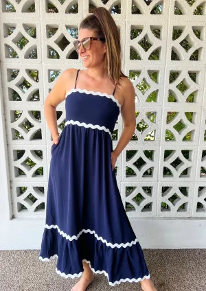 Ric Rac Square Neck Fit & Flare Maxi Dress - Navy