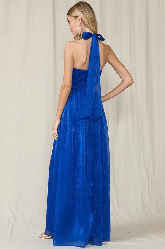 Royal Blue Halter Neck Flowy Glitter Matallic Fabric Slit Maxi Dress