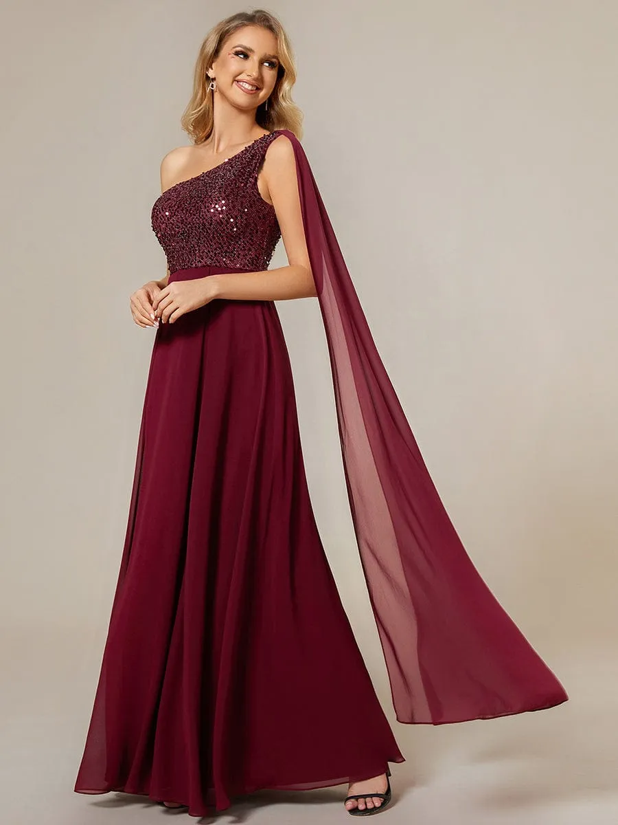 Sleeveless Chiffon A-Line Shinny Sequin Bodice One Shoulder Evening Dress