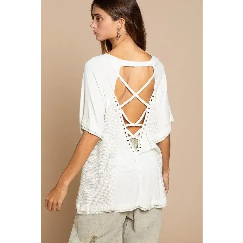 Studded Strappy Back Waffle Mixed Knit Top