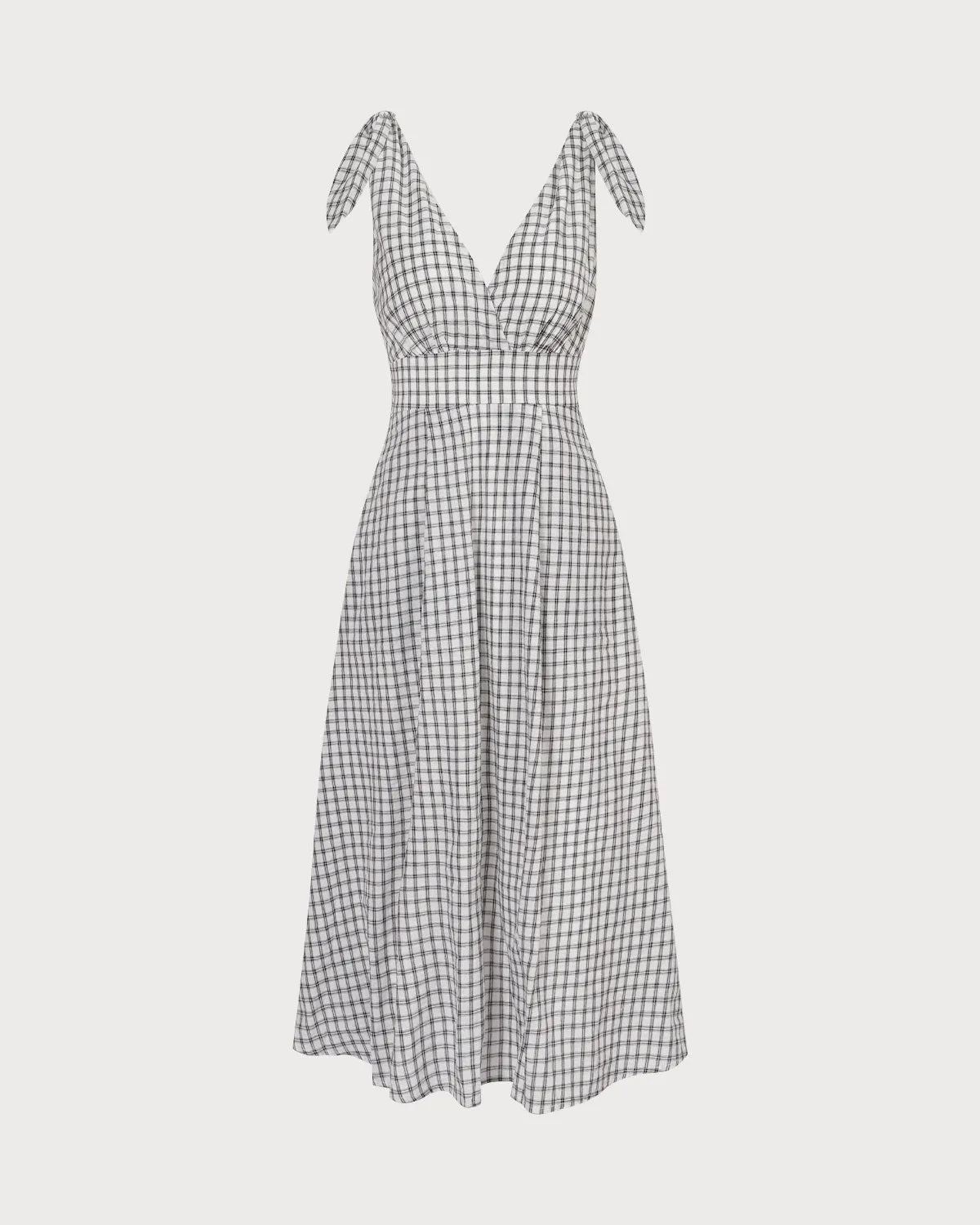 The Black V-Neck Plaid Tie Strap Cotton Midi Dress